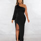Women's Autumn Oblique Shoulder Lantern Sleeve Solid Color Slim Fit Dress
