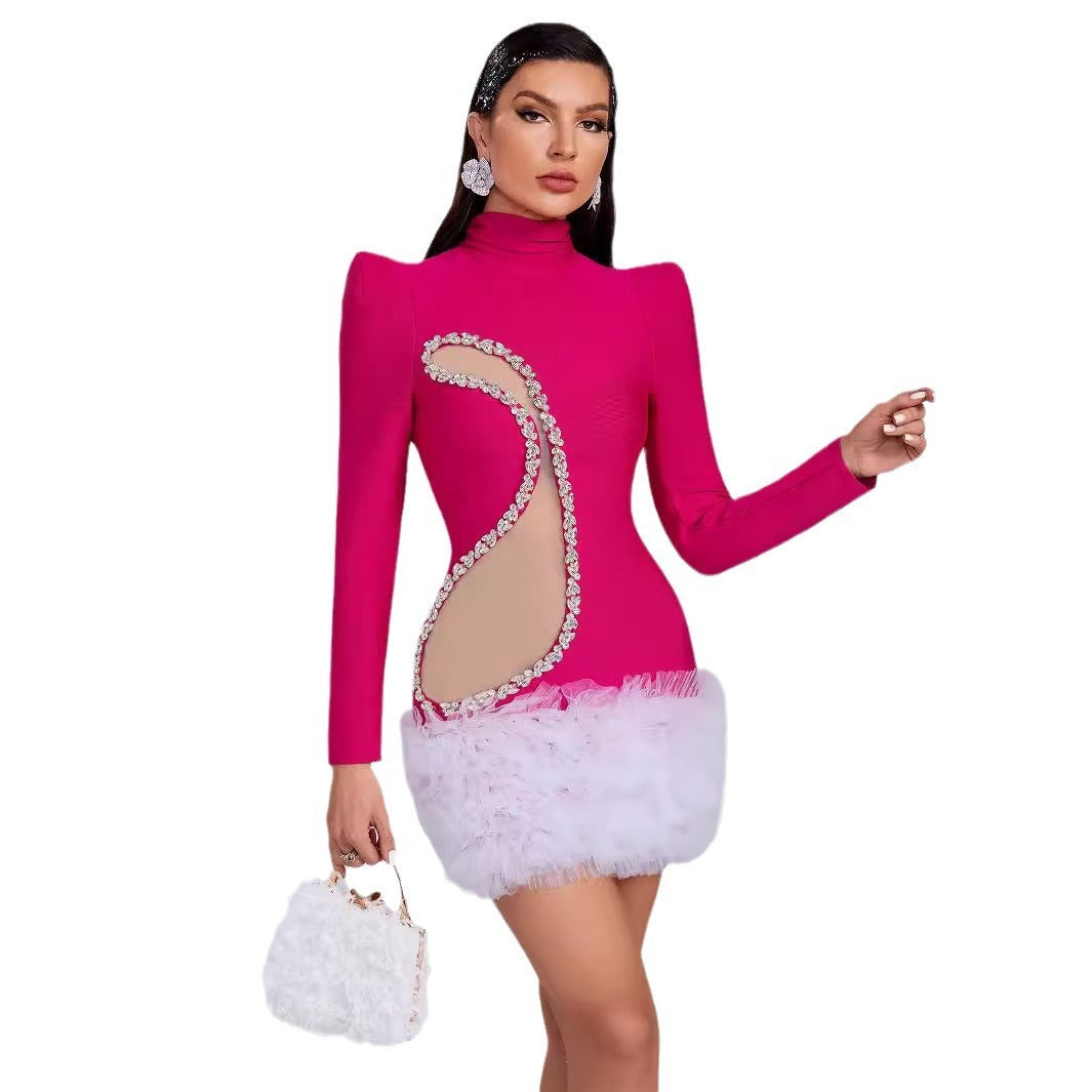 Rose Red Raglan Long Sleeve Ball Gown Dress