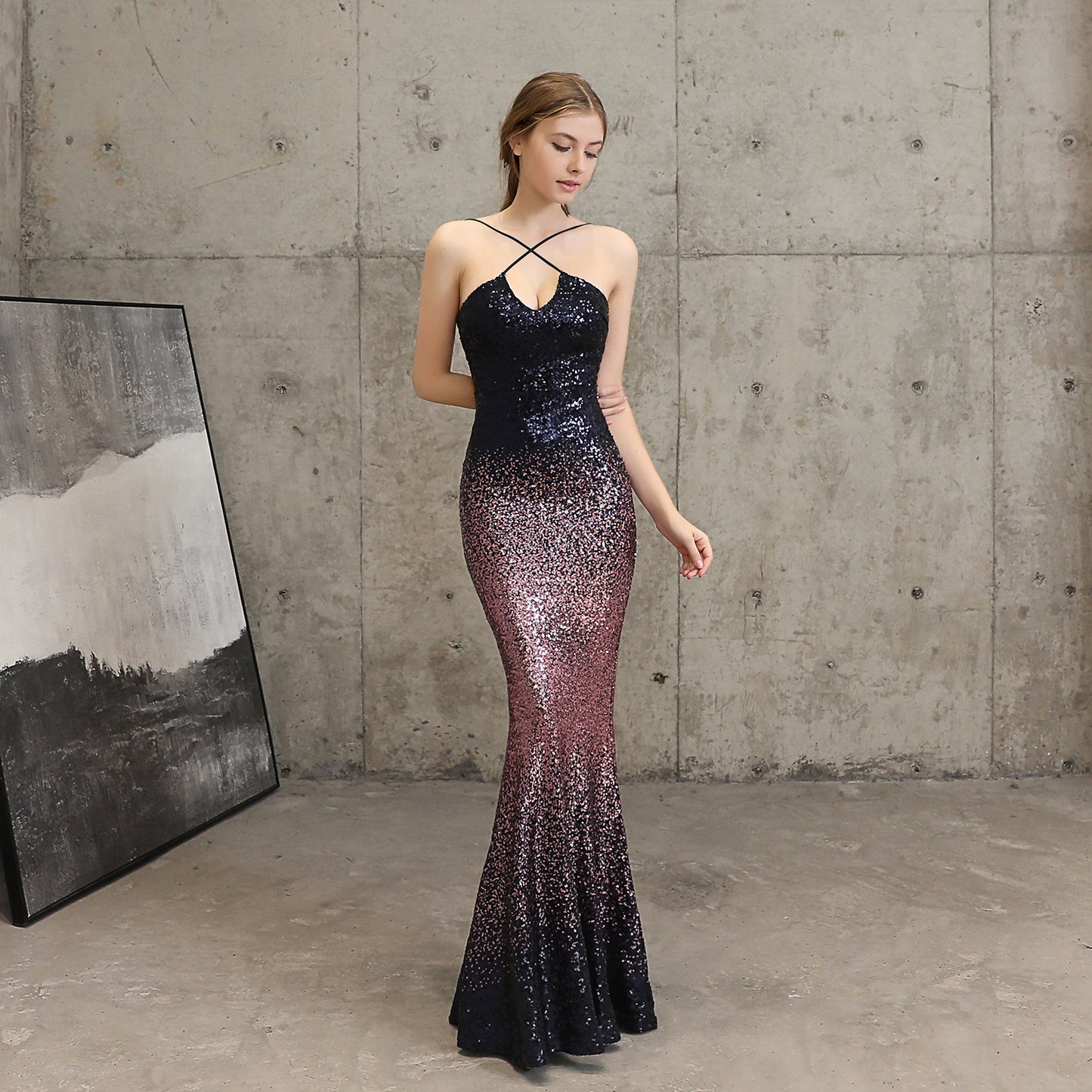 Robe de soirée à paillettes longue et ajustée en queue de poisson