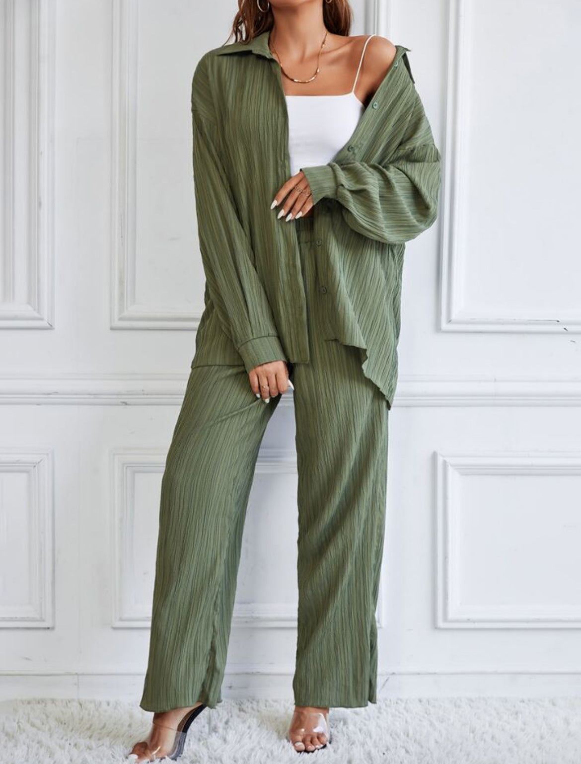 European And American Women's Clothing Solid Color Loose Drooping Smooth Pleated Casual Two-piece Suit