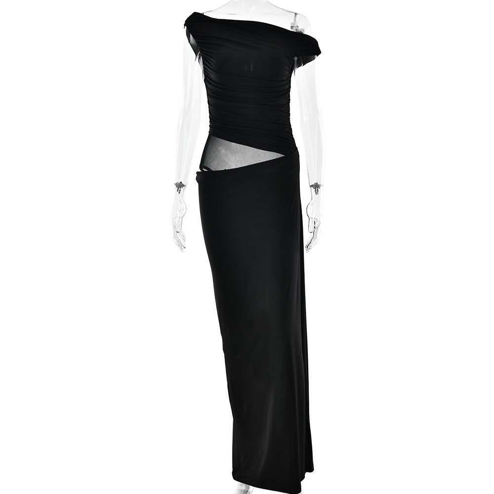 Pleated Women's Dress Shoulder Midriff Outfit