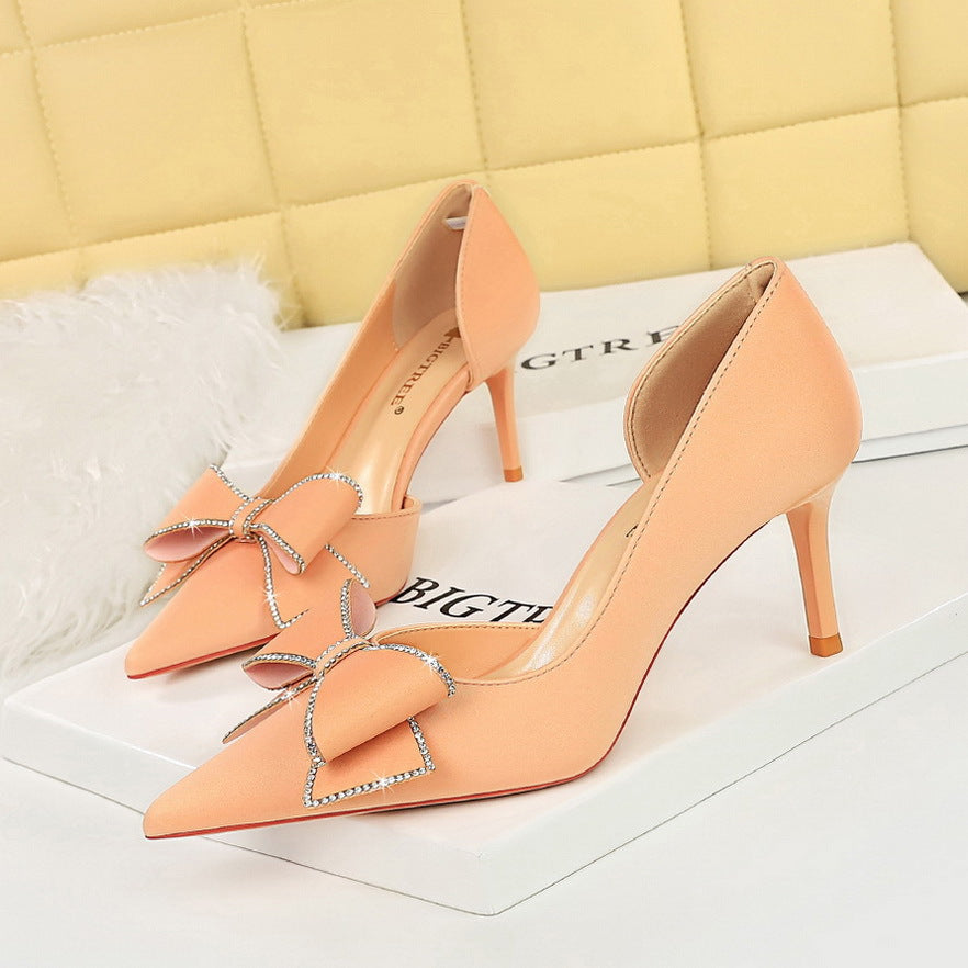 Women's Stiletto Low-cut Pointed Side Hollow Rhinestone Bow High Heels