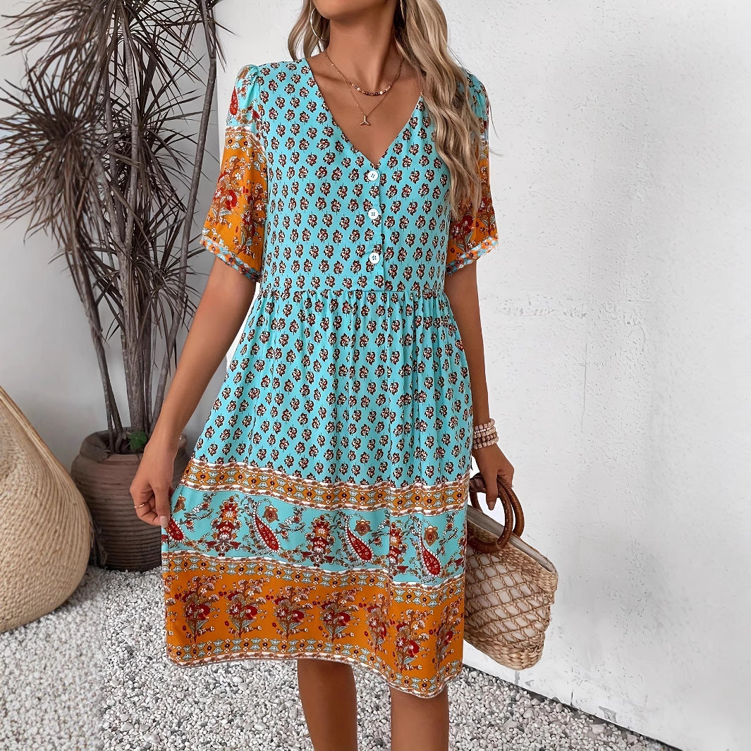 Women V-neck Short Sleeve Bohemian Print Dress