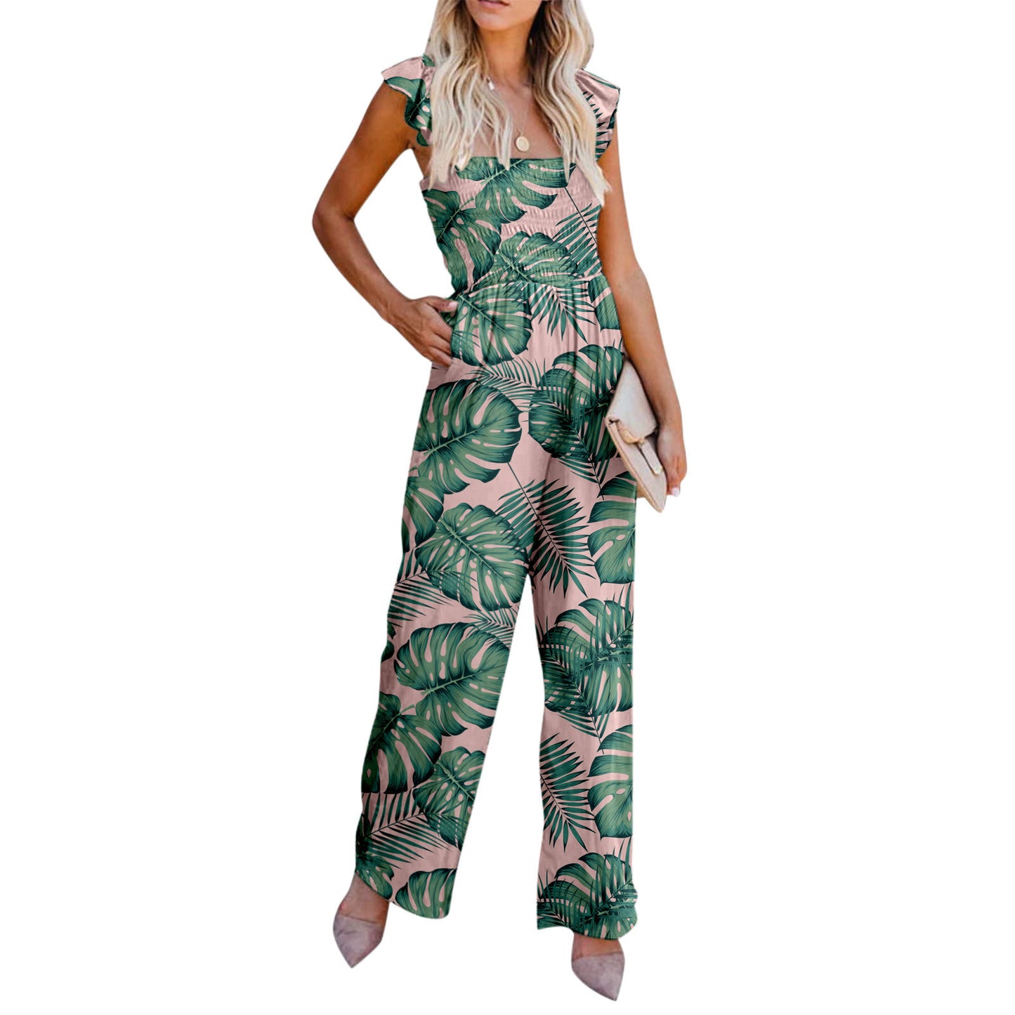 Women's Casual Ruffled Shoulder Straps High Waist Solid Color Wide Leg Jumpsuit