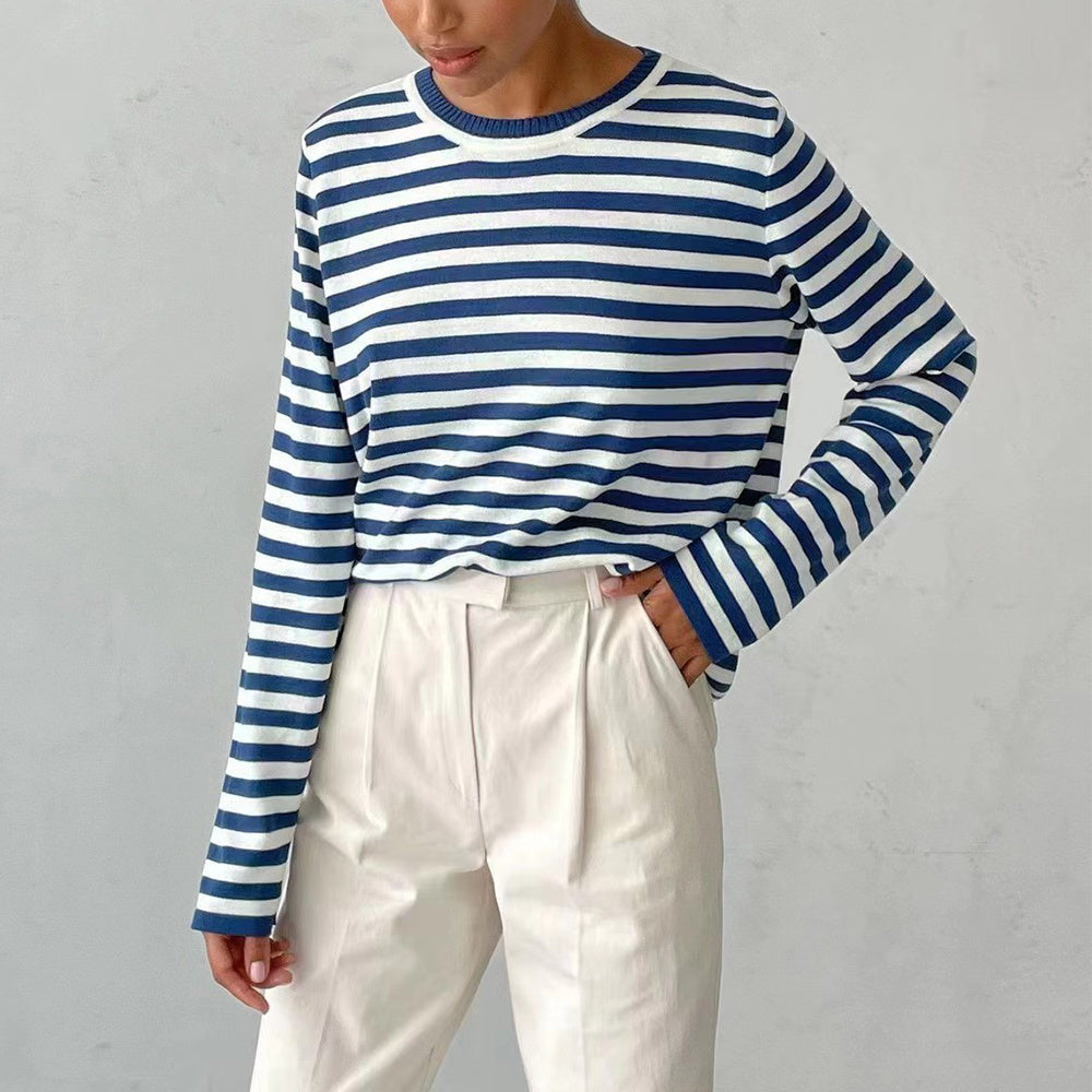 Pull rayé à manches longues en tricot, pull polyvalent, vêtements pour femmes