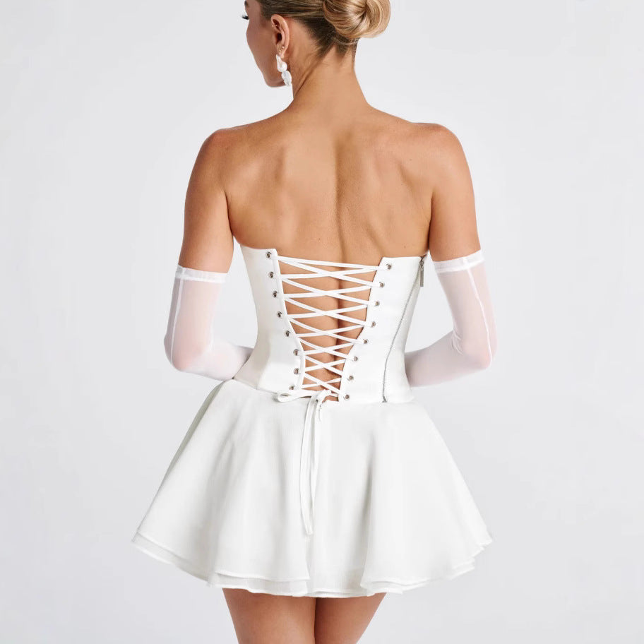 French Solid Color Tube Top Dress With Sleeves