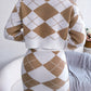 Hit Color Diamond Lattice Midriff-baring Sweater Hip Skirt Casual Suit