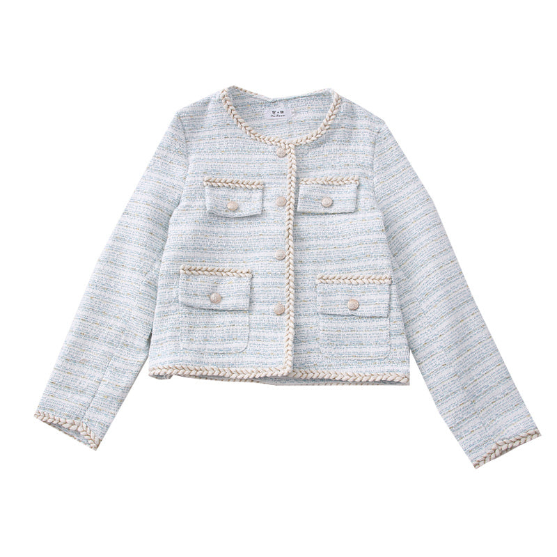 Bright Silk Woven Single-breasted Long-sleeved Short Jacket