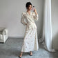 New V-neck Puff-sleeved Waist-cinched Satin Dress With A Cherry Print