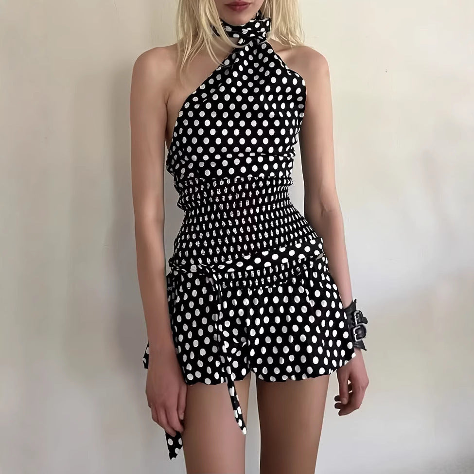 Women's Fashion Halter Off-the-shoulder Polka Dot Set
