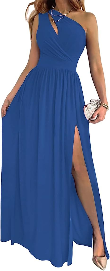 Women's One Shoulder High Split Cutout Sleeveless Elegant Cocktail Maxi Dress