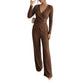 Womens Solid-Color V-Neck Cross-Over Long-Sleeve T-Shirt And Pants Set