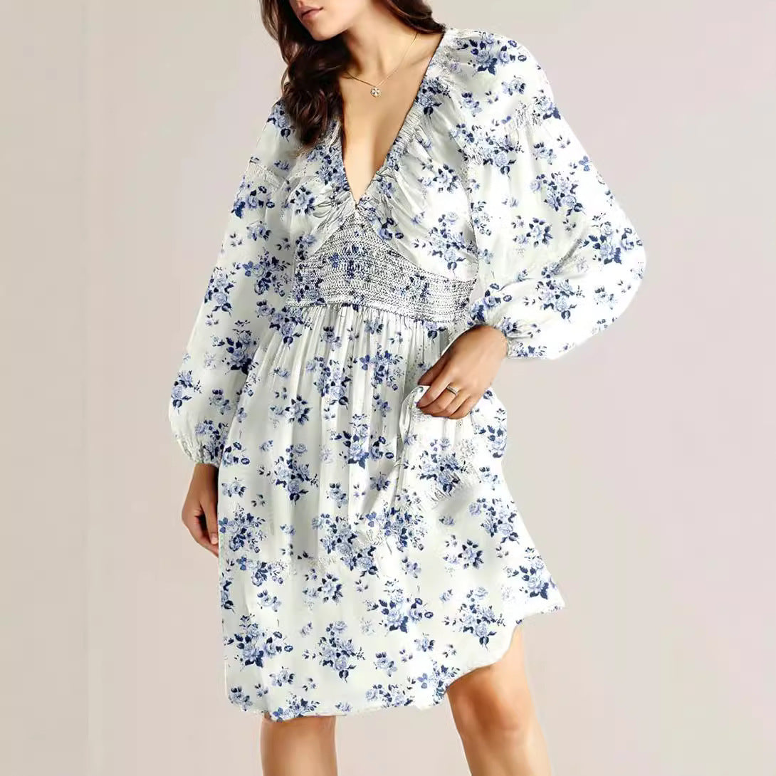 Floral V-neck Long Sleeve Pleated Elastic Waist Dress