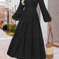 V-neck, Waist-cinched, Layered Puffed-sleeve Dress Fashionable Ruffled Maxi Skirt