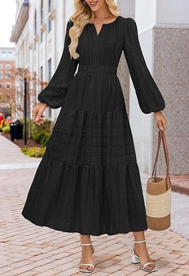 V-neck, Waist-cinched, Layered Puffed-sleeve Dress Fashionable Ruffled Maxi Skirt