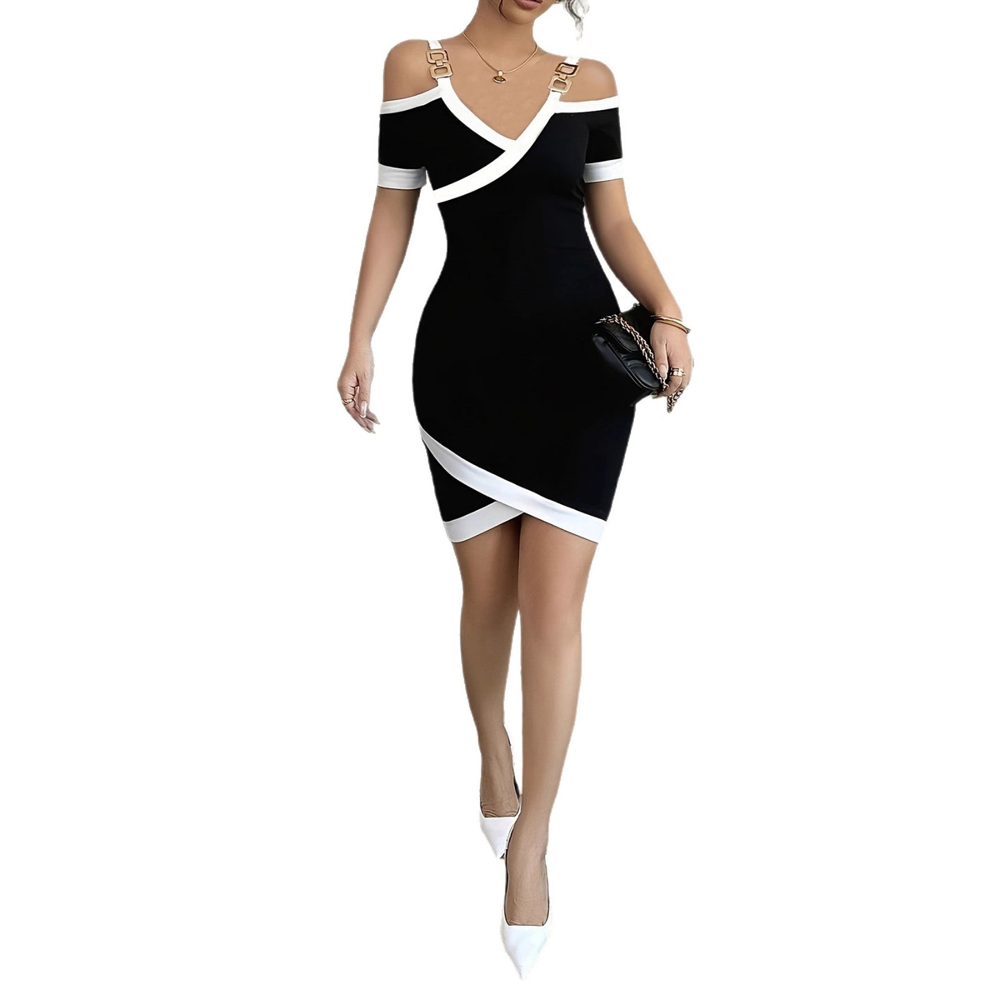 Womens Fashion V-Neck Golden Buckle Slanted Stripe Dress