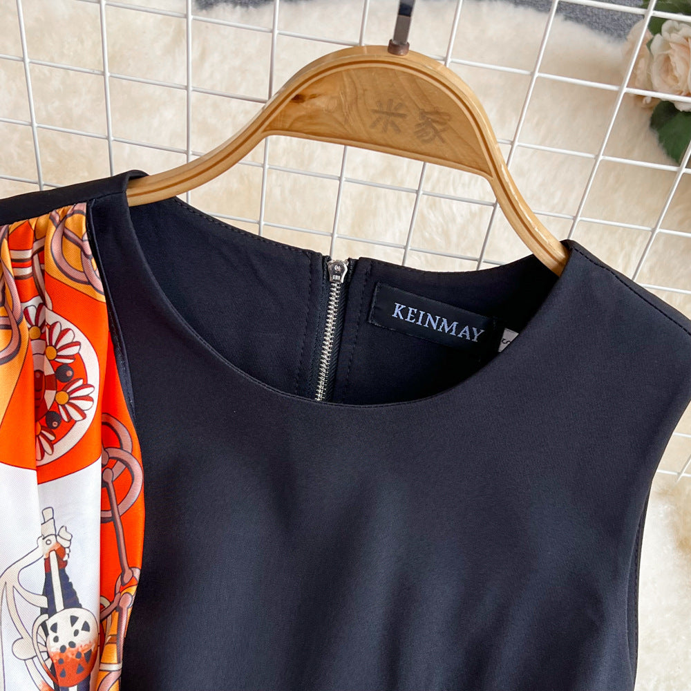 Lightly Mature Retro Elegance Sleeveless Round Neck Waist Trimming Slimming Sleeveless A- Line Dress