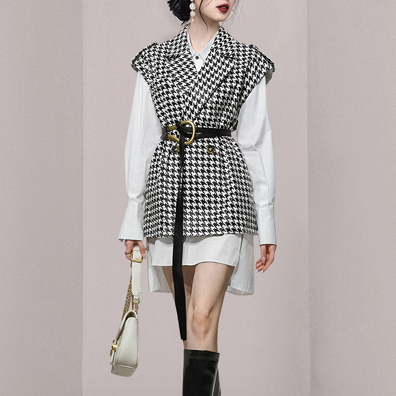 Women's New Fashion White Shirt Skirt Houndstooth Two-piece Vest