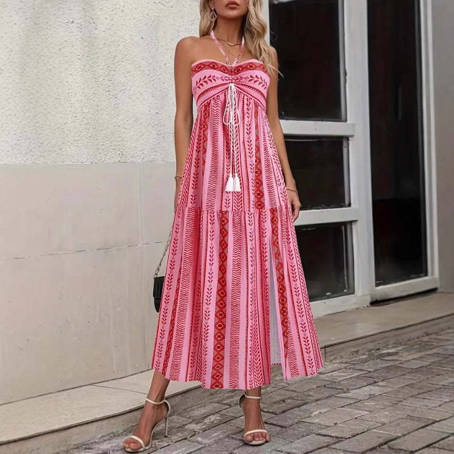 Split Printed Lace-up Tube Top Dress