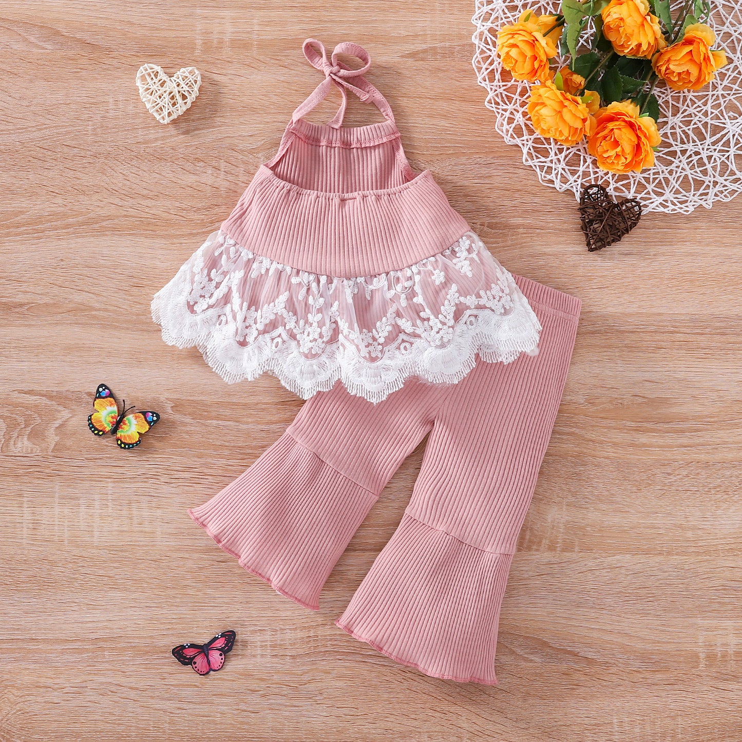 Lace Halterneck Top Solid Color Flared Pants Two-piece Set