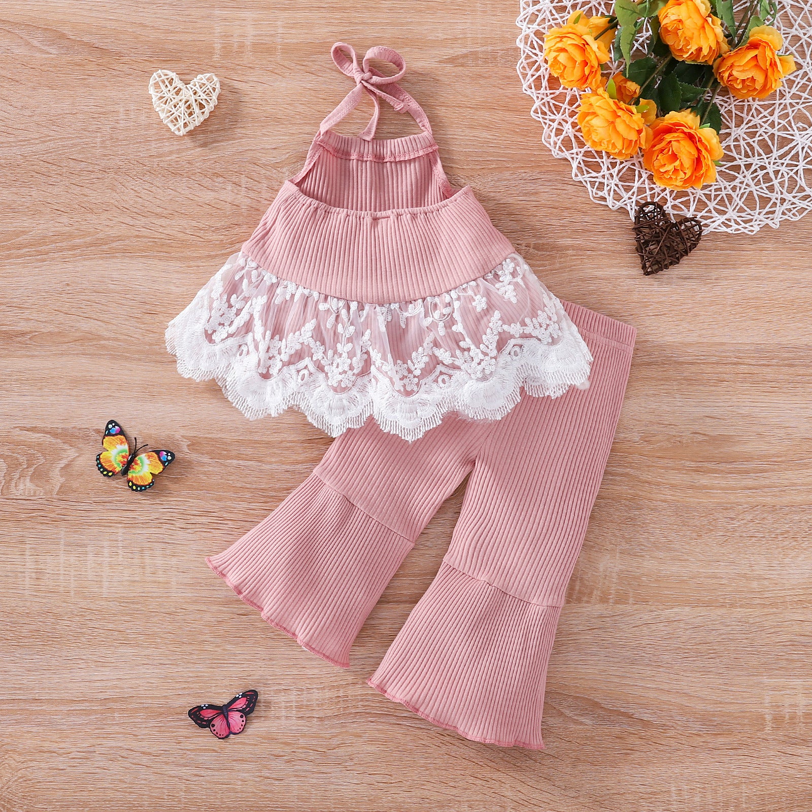 Lace Halterneck Top Solid Color Flared Pants Two-piece Set