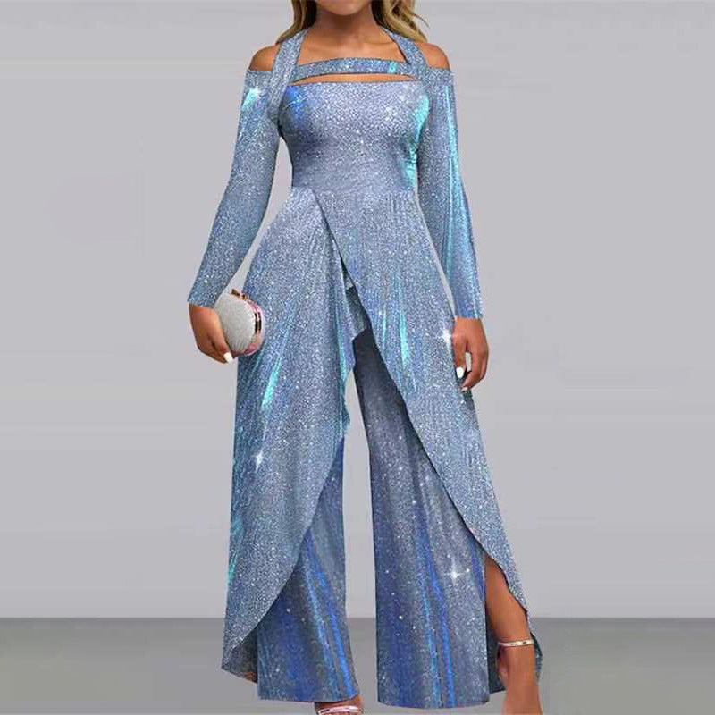 European And American Fashion Sequined Long Skirt Diagonal Mid-waist Temperament Commute Jumpsuit