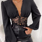 Long Sleeve Deep V-neck Lace Patchwork Top
