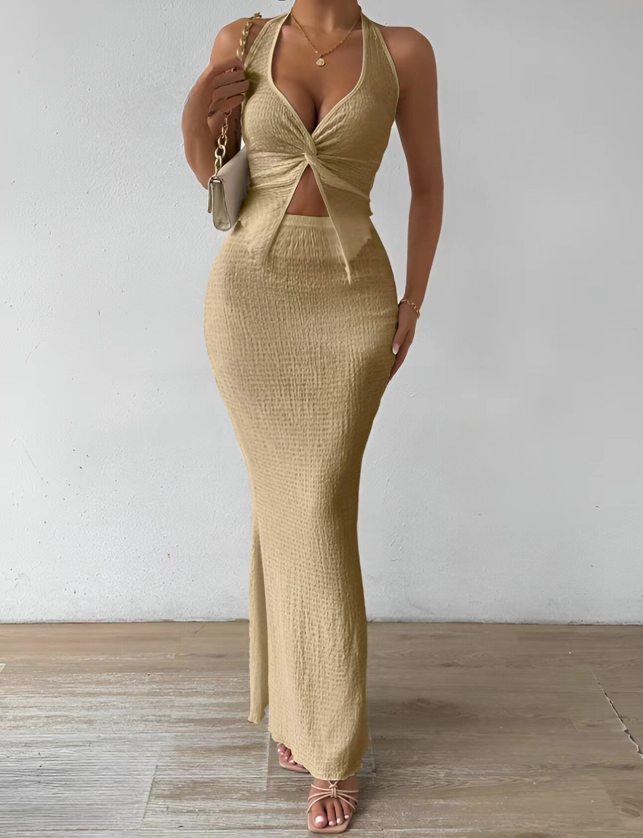 Women's Solid Color Twist Front Hanging On Neck Crop Top And Fishtail Midi Skirt