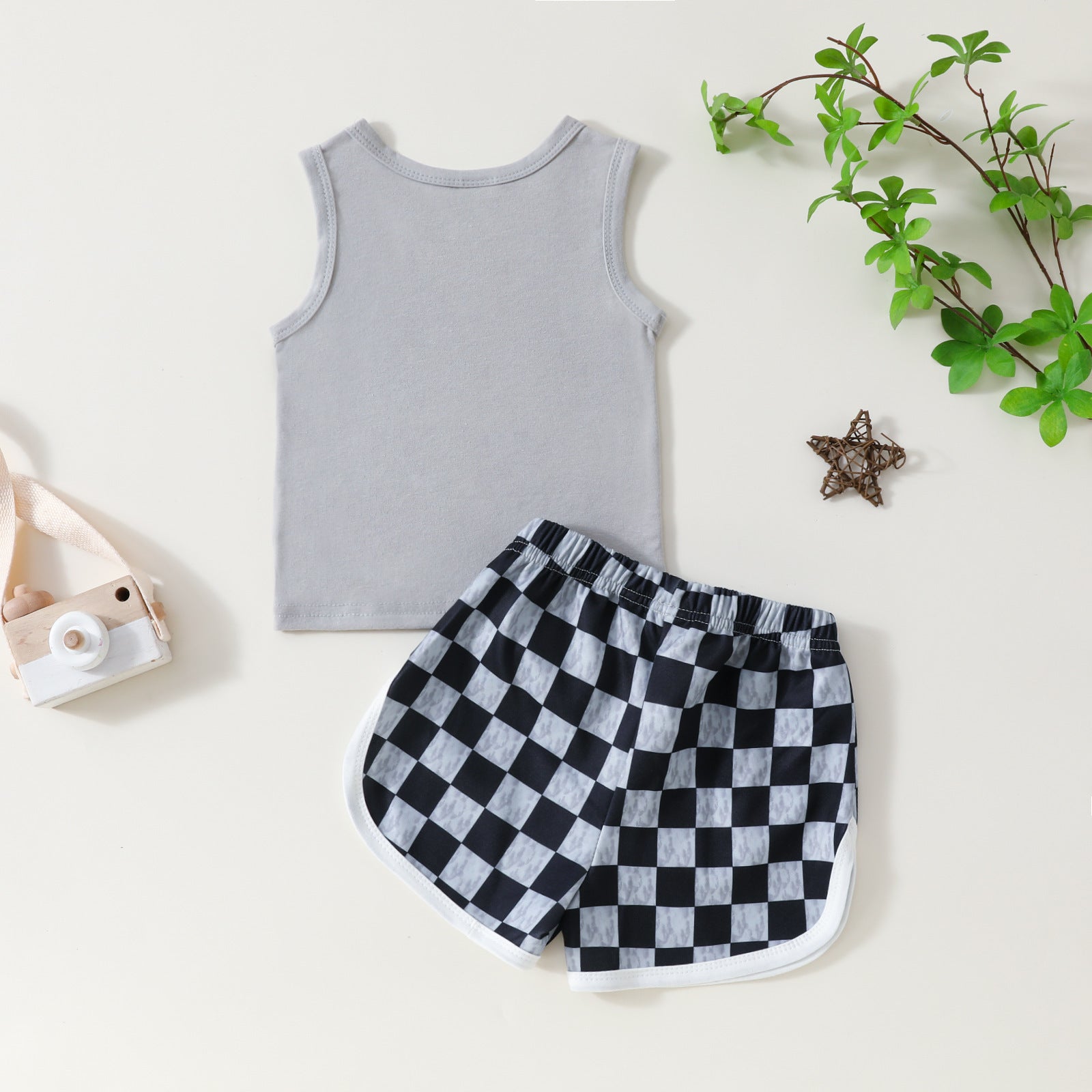 Infant Toddler Letter Printed Sleeveless Top Plaid Shorts Two-piece Set