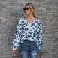 Leopard Print Printed V-neck Off-the-shoulder Long Sleeve T-shirt