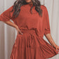 Round Neck Solid Color Half Sleeves Loose Top T-shirt Drawstring Pleated Skirt Commuter Suit