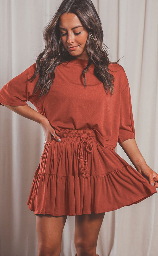 Round Neck Solid Color Half Sleeves Loose Top T-shirt Drawstring Pleated Skirt Commuter Suit
