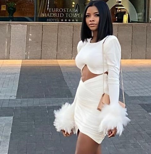 Women's Open-back Feather Long-sleeved Dress