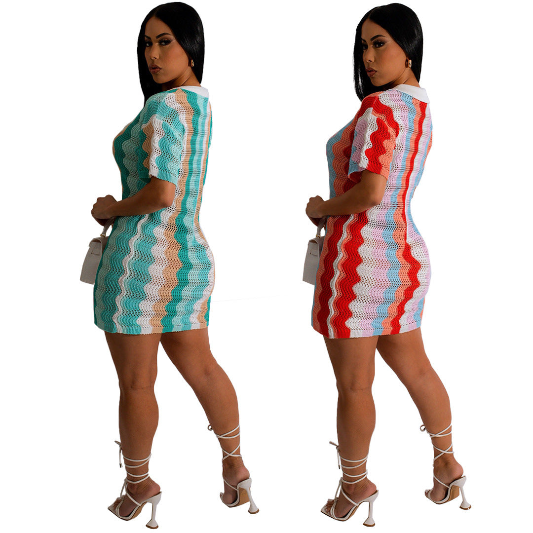 Knitted Cardigan Hollow Gradient Contrast Dress