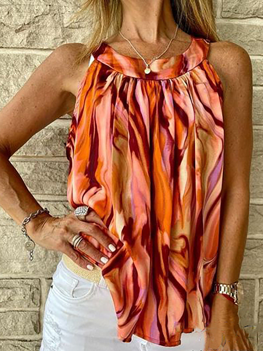 One Button Elegance Sleeveless Round Neck Printed Top