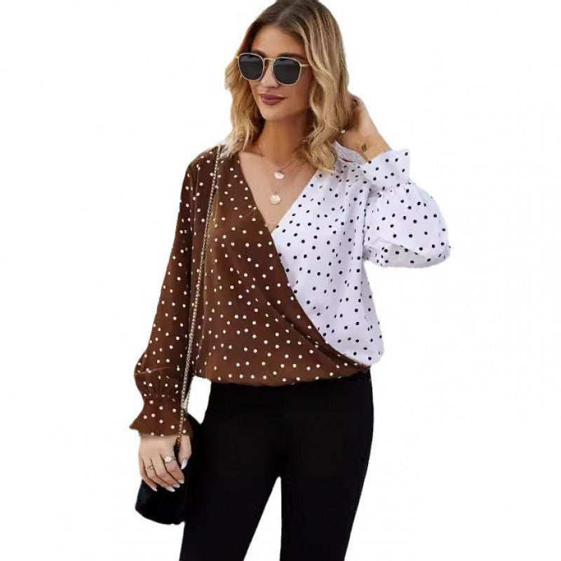 Women's Shirt Autumn Polka Dot Color Matching Printed Long Sleeve Shirt