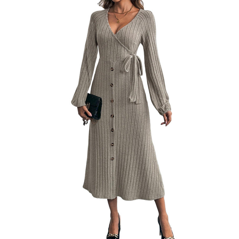 V-neck Solid Color Button Lace-up A- Hem Knitted Dress