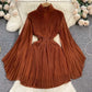 Spring And Autumn Pleated Bell Sleeve Turtleneck Dress