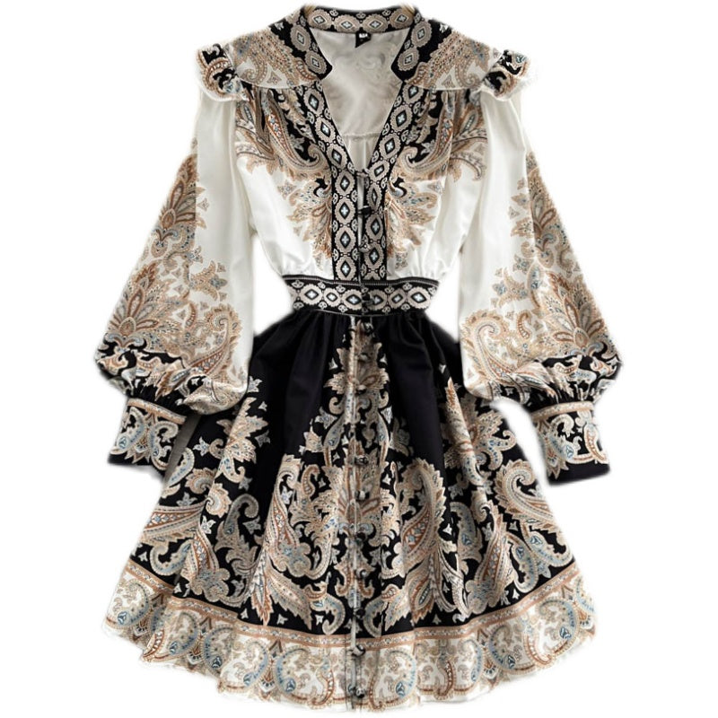 Women's V-neck Lantern Sleeve Printed Dress