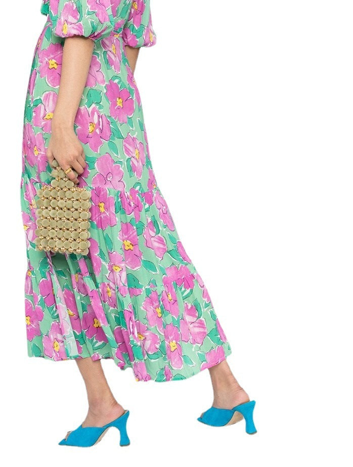 Vintage Floral Print V Neck Ruffle Balloon Sleeve Resort Wrap Tie Dress