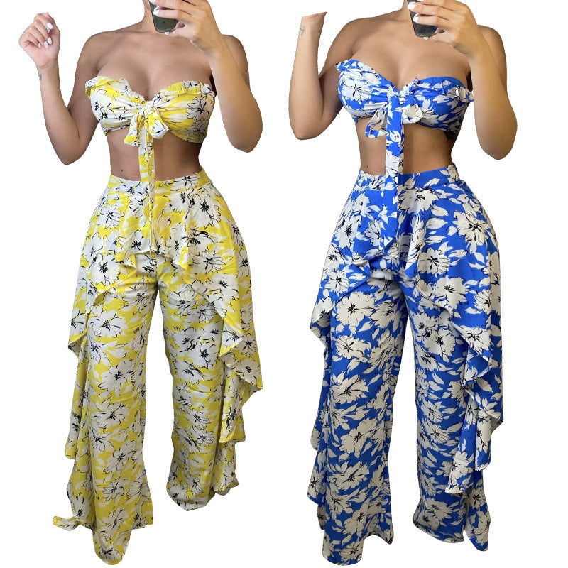 Ensemble pantalon large pour femme avec nœud à volants imprimé