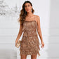 Robe de cocktail à bretelles pailletées et à pompons, robe de soirée, jupe courte