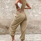 Cotton And Linen Back Strap Buckle Multi-pocket Workwear Jumpsuit