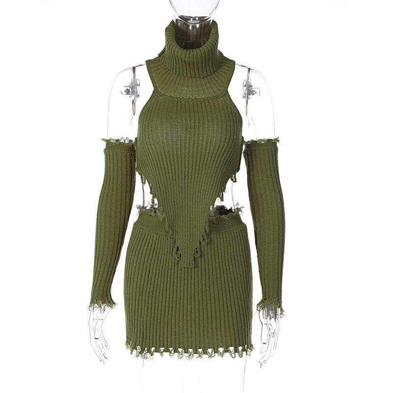 Ensemble trois pièces pour femme, jupe courte à manches longues et col haut