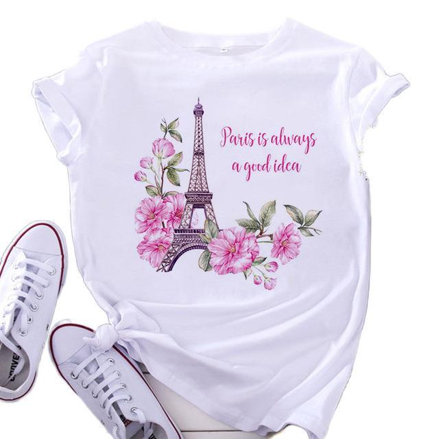 Fashion Eiffel Tower Print Women's Short Sleeve