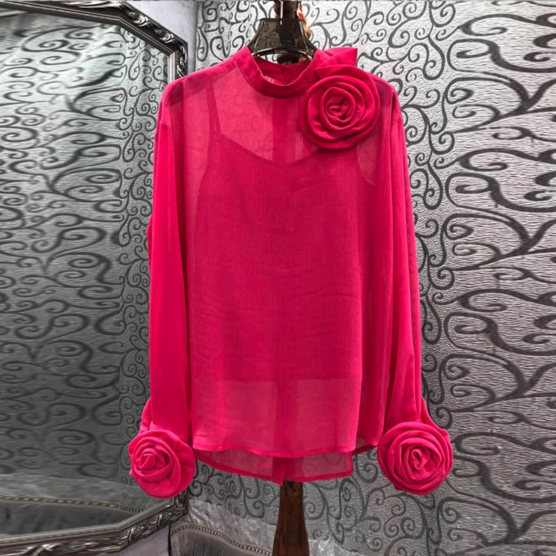 Three-dimensional Plate Flower Stand Collar Long Sleeve Slightly See-through Thin Two-piece Shirt