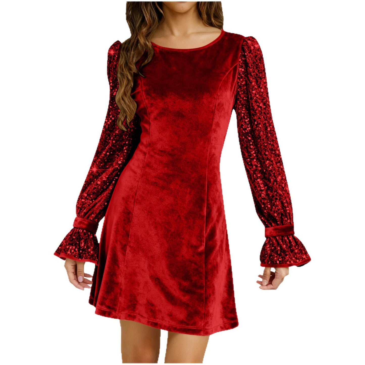 Solid-Color Crew-Neck Gold Velvet Sequin Long-Sleeve Dress