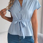 Button Drawstring Short Sleeve Shirt Top Women's Clothing