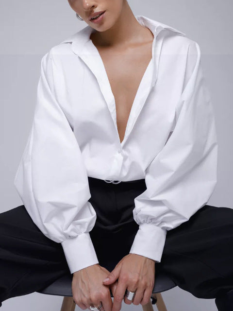 Retro Elegant Bubble Sleeve V-neck Top Shirt Casual Blouse Women