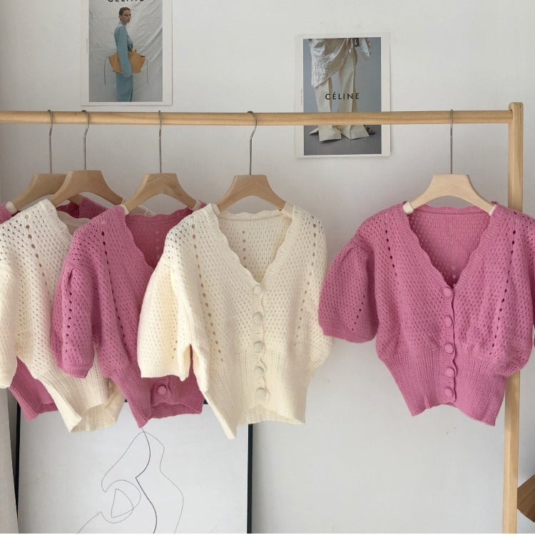 Short Puff Sleeve Hollow Knit Top